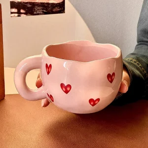 Hand Painted Heart Design Ceramic Coffee Mug With Handle For Milk Tea Romantic Gift Valentine Anniversary Couple Set